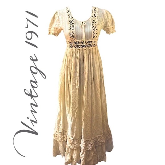 Vintage Natural Cotton Maxi Prairie, Prom, or Wedding Dress SM - Picture 1 of 15